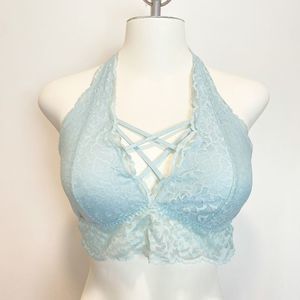 Victoria’s Secret PINK Baby Powder Blue Sexy Lace Bralette Criss Cross Halter